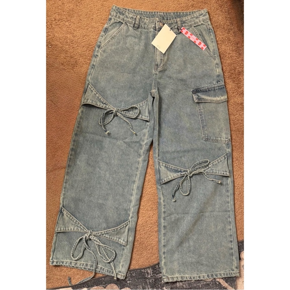 Cider Women's Light Blue Flare Jeans with Tie Accents